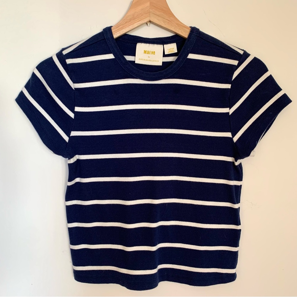 Anthropologie Maeve Blue and White Striped T-Shirt